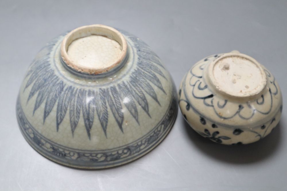 A Chinese Middle Ming Dynasty blue and white Lotus Flower bowl and a Vietnamese Hoi An Hoard blue and white water dropper
